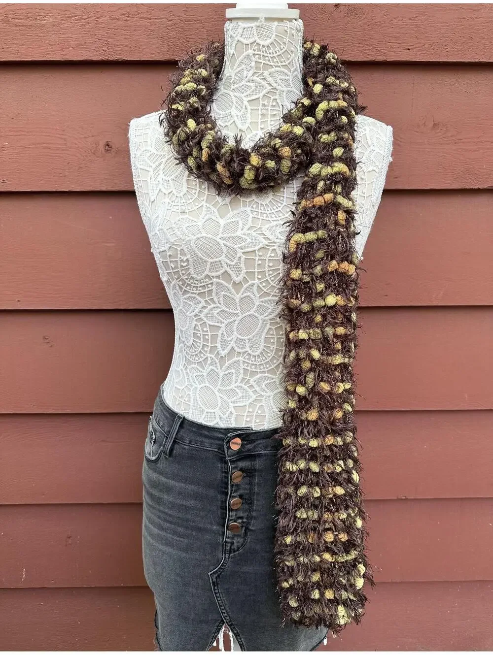 Handmade‎ Chunky Textured Brown and Green Scarf
